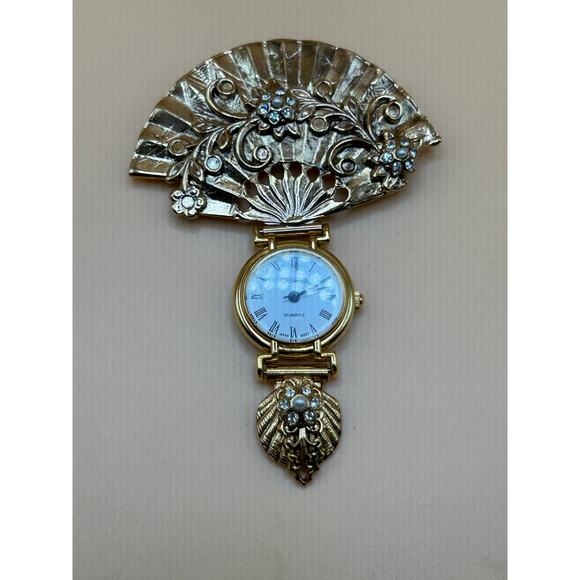 Vintage Flower Watch Brooch with Fan Gold Tone - Picture 1 of 4